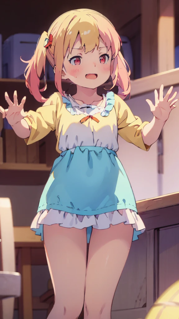 ((masterpiece))((Highest quality))girl、Laughing with your mouth open、blush、Flat Chest、Are thin、Blonde Hair、blush、Are standing、Whole body image、Eye level on face、、No background、Blue clothes、Hair is two colors、Twin tails、Red Eyes、Two-tone red and yellow hair、With open arms