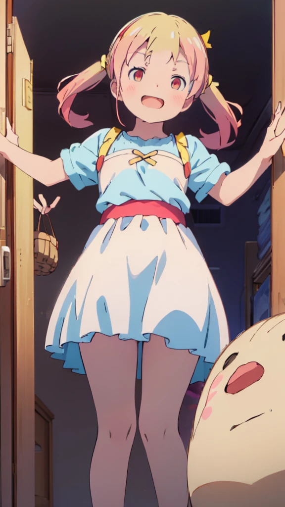 ((masterpiece))((Highest quality))girl、Laughing with your mouth open、blush、Flat Chest、Are thin、Blonde Hair、blush、Are standing、Whole body image、Eye level on face、、No background、Blue clothes、Hair is two colors、Twin tails、Red Eyes、Two-tone red and yellow hair、With open arms