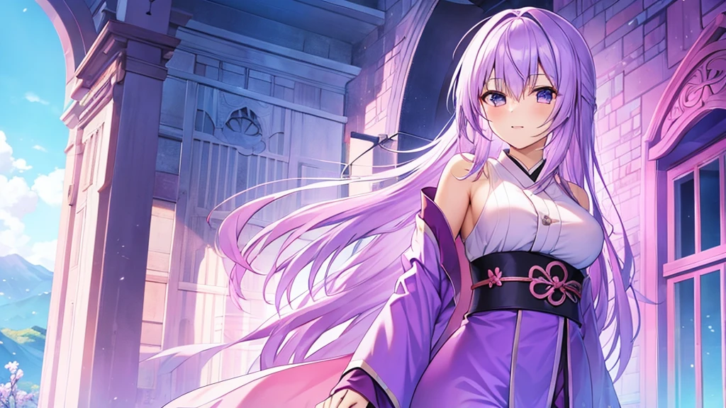 woman　clear　Light purple hair　　kimono　　Anime Style　　Western Castle
