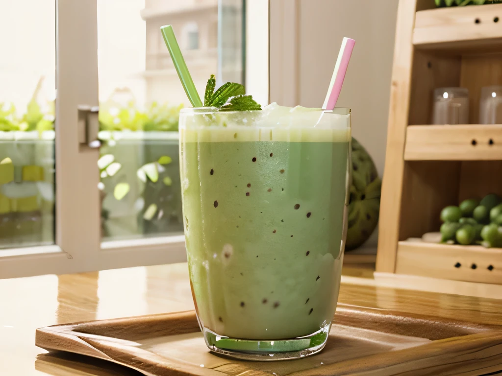 Create a photo of a melon smoothie ,menta , soy milk that the decoration is the ingredients and is in a shop glass