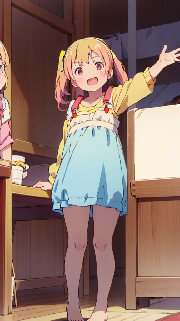 ((masterpiece))((Highest quality))girl、Laughing with your mouth open、blush、Flat Chest、Are thin、Blonde Hair、blush、Are standing、Whole body image、Eye level on face、、No background、Blue clothes、Hair is two colors、Twin tails、Red Eyes、Two-tone red and yellow hair、With open arms