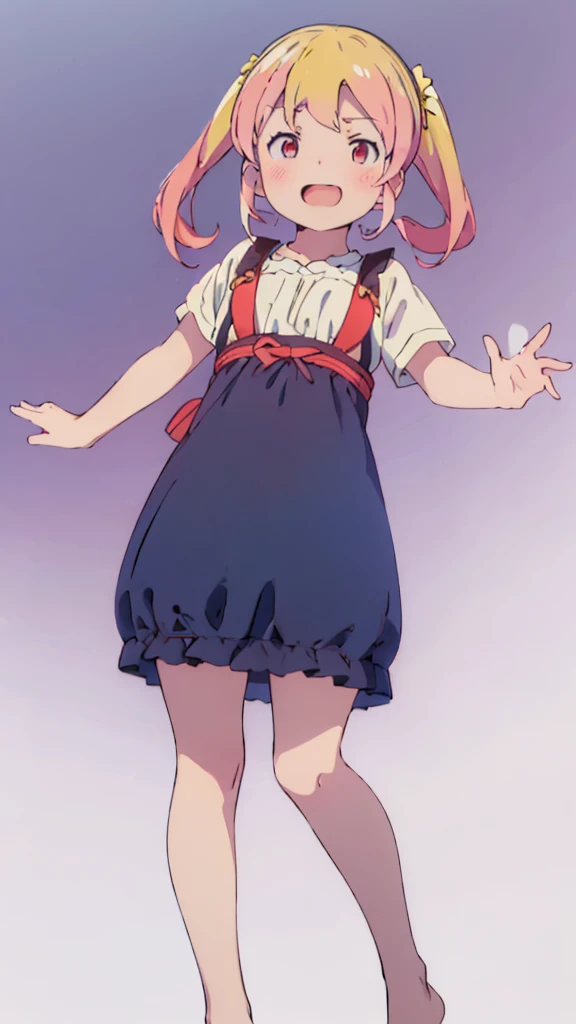 ((masterpiece))((Highest quality))girl、Laughing with your mouth open、blush、Flat Chest、Are thin、Blonde Hair、blush、Are standing、Whole body image、Eye level on face、、No background、Blue clothes、Hair is two colors、Twin tails、Red Eyes、Two-tone red and yellow hair、With open arms