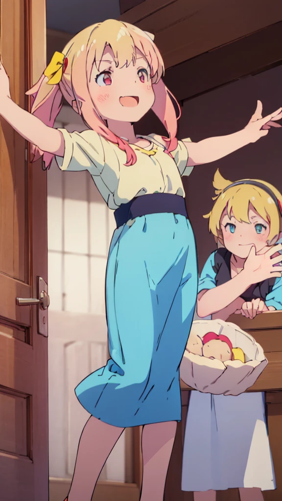 ((masterpiece))((Highest quality))girl、Laughing with your mouth open、blush、Flat Chest、Are thin、Blonde Hair、blush、Are standing、Whole body image、Eye level on face、、No background、Blue clothes、Hair is two colors、Twin tails、Red Eyes、Two-tone red and yellow hair、With open arms