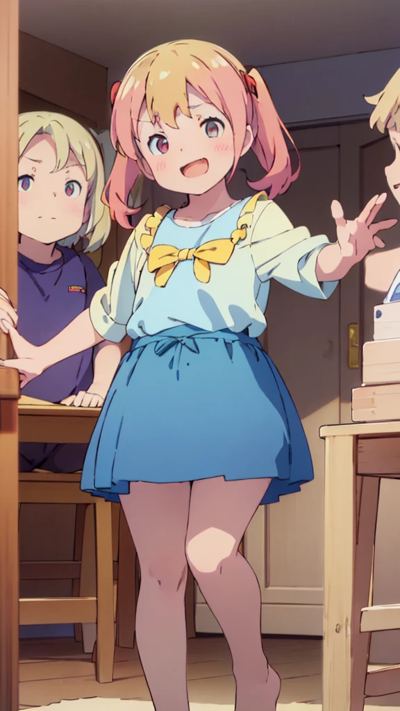 ((masterpiece))((Highest quality))girl、Laughing with your mouth open、blush、Flat Chest、Are thin、Blonde Hair、blush、Are standing、Whole body image、Eye level on face、、No background、Blue clothes、Hair is two colors、Twin tails、Red Eyes、Two-tone red and yellow hair、With open arms