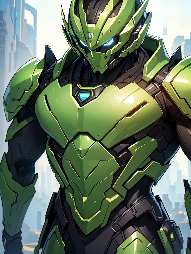 GREEN and gold armor, male futuristic bodybuilder scientist using a mechanical armor, super strong, portrait, closeup, best quality,4k,8k,highres,masterpiece:1.2,ultra-detailed,realistic,photorealistic,photo-realistic:1.37,HDR,UHD,studio lighting,ultra-fine painting,sharp focus,physically-based rendering,extreme detail description,professional