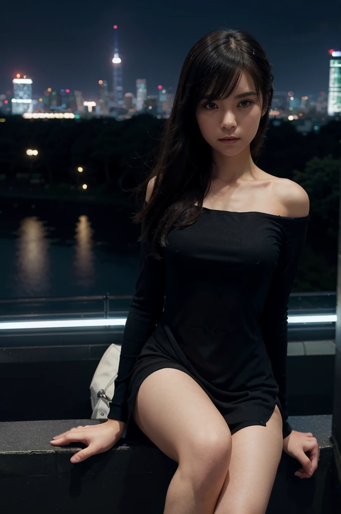 A girl dressed in a black top sitting on the edge of a skyscraper., by Studio Ghibli, city landscape, detailed illustration, official art, kawacy style, elegant movement, nocturne, compound, hd wallpapers