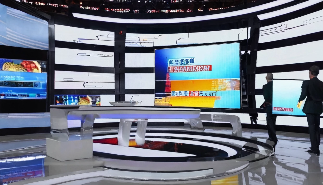 TV broadcast background picture,unmanned,A large LED screen on the right