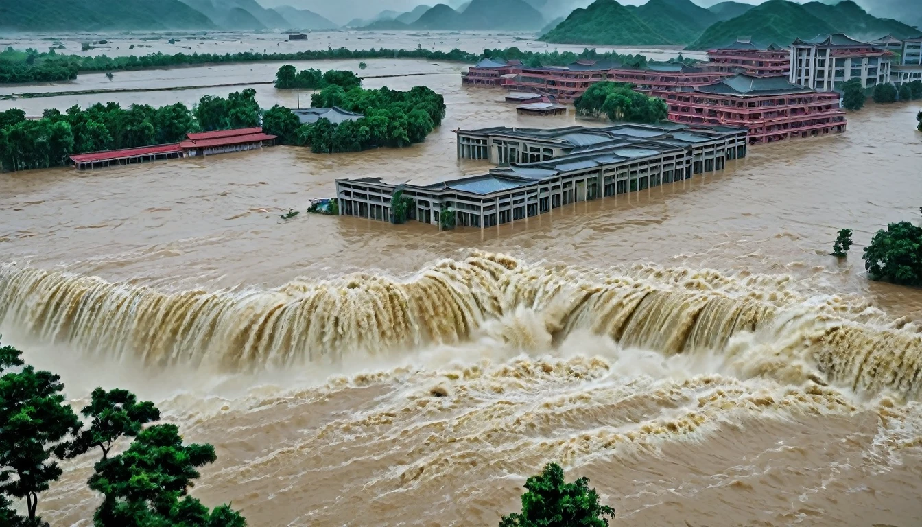 whoa, Dramatic image depicts a flood scenario in China. The flood from a dam with furious waves washes away a building with people inside. Lots of rain and stormy skies make the scenario threatening and critical. The scenario is one of chaos.