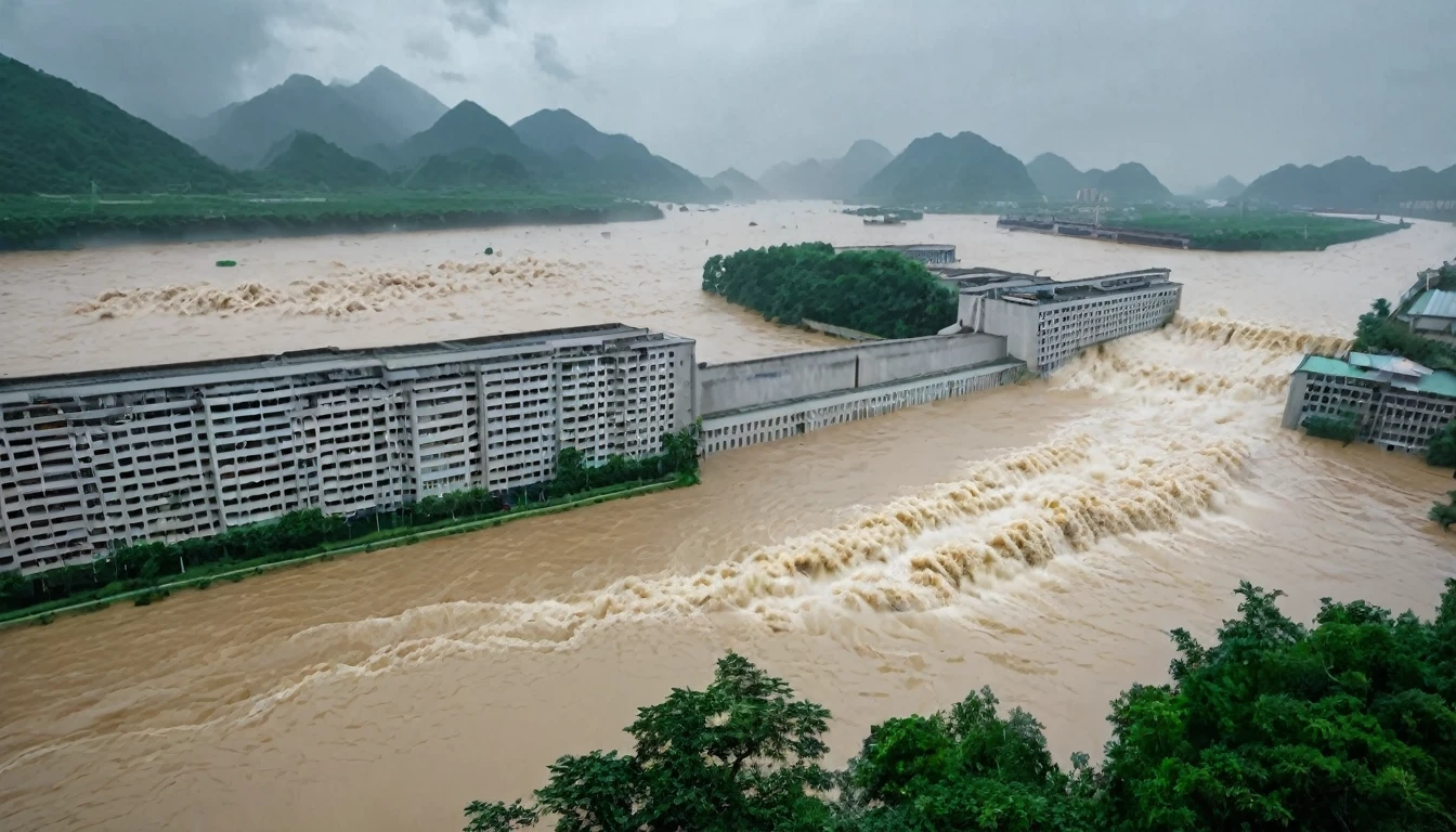 whoa, Dramatic image depicts a flood scenario in China. The flood from a dam with furious waves washes away a building with people inside. Lots of rain and stormy skies make the scenario threatening and critical. The scenario is one of chaos.
