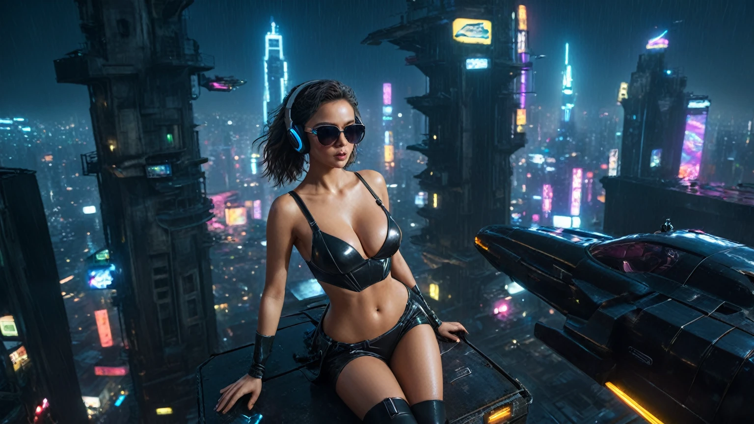 (aerial view, a flying cars docking platform, a very dark abandoned futuristic city, neon lights), rainy night. 1girl, solo, alone, large-breast:1.2 slim body, cleavage:1.1, sexy wind blowing wet dress:1.4, (headphone, black sunglasses), (((she raised:1.8 a pistol:1.8 and took aim))), dynamic pose, (((half-body thigh level medium shot))), cinematic lighting, lens flare, ray tracing.
