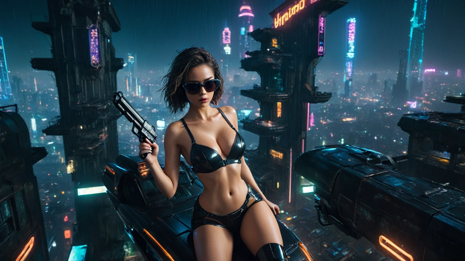 (aerial view, a flying cars docking platform, a very dark abandoned futuristic city, neon lights), rainy night. 1girl, solo, alone, large-breast:1.2 slim body, cleavage:1.1, sexy wind blowing wet dress:1.4, (headphone, black sunglasses), (((she raised:1.8 a pistol:1.8 and took aim))), dynamic pose, (((half-body thigh level medium shot))), cinematic lighting, lens flare, ray tracing.