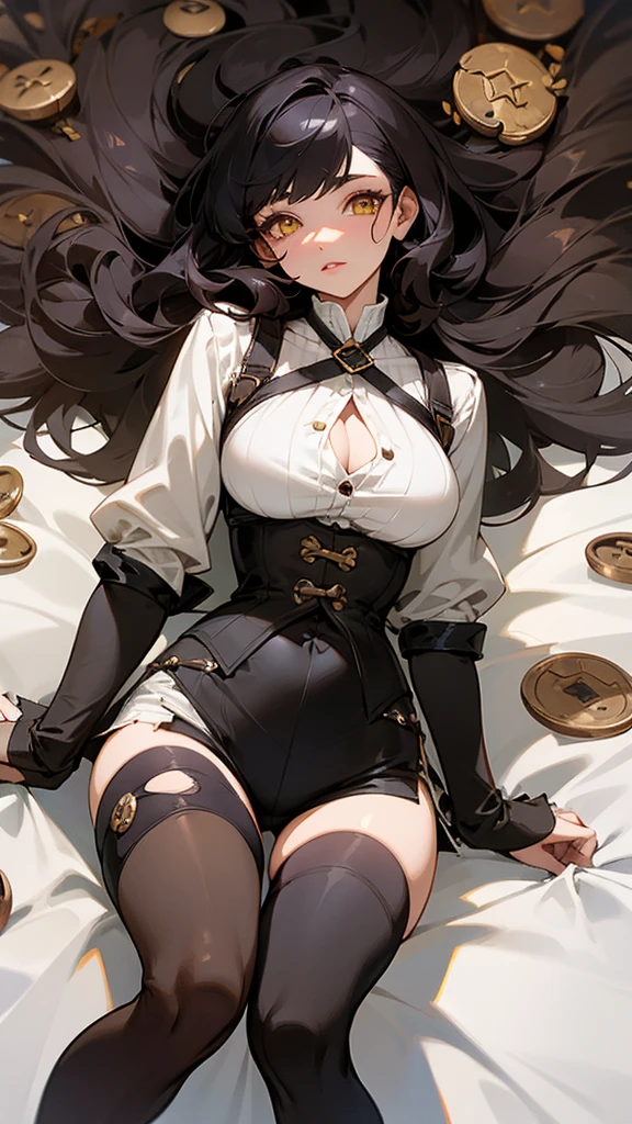Her clothing is that of a woman., black hair dyed copper on half of her hair and the other half is black, yellow eyes, white tea and tempting lips. It has a tight top with a very open neckline., as detail, a button on her blouse is broken on her chest., It has a thin waist that is pleasing to the eye.., hips and butt very marked by her very short shorts fused with thigh-high stockings that are torn and their respective baggy and short black boots.