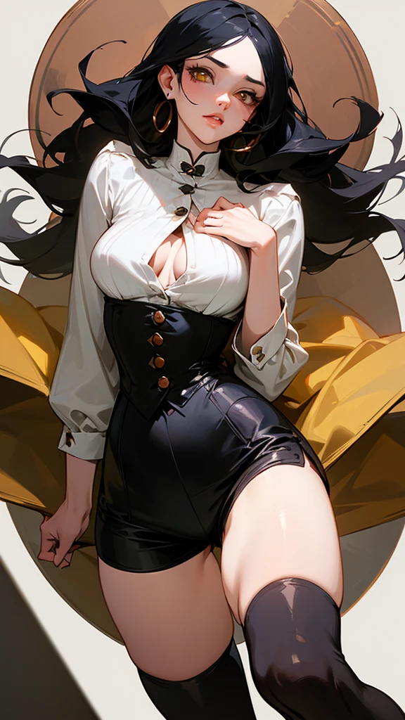 Her clothing is that of a woman., black hair dyed copper on half of her hair and the other half is black, yellow eyes, white tea and tempting lips. It has a tight top with a very open neckline., as detail, a button on her blouse is broken on her chest., It has a thin waist that is pleasing to the eye.., hips and butt very marked by her very short shorts fused with thigh-high stockings that are torn and their respective baggy and short black boots.