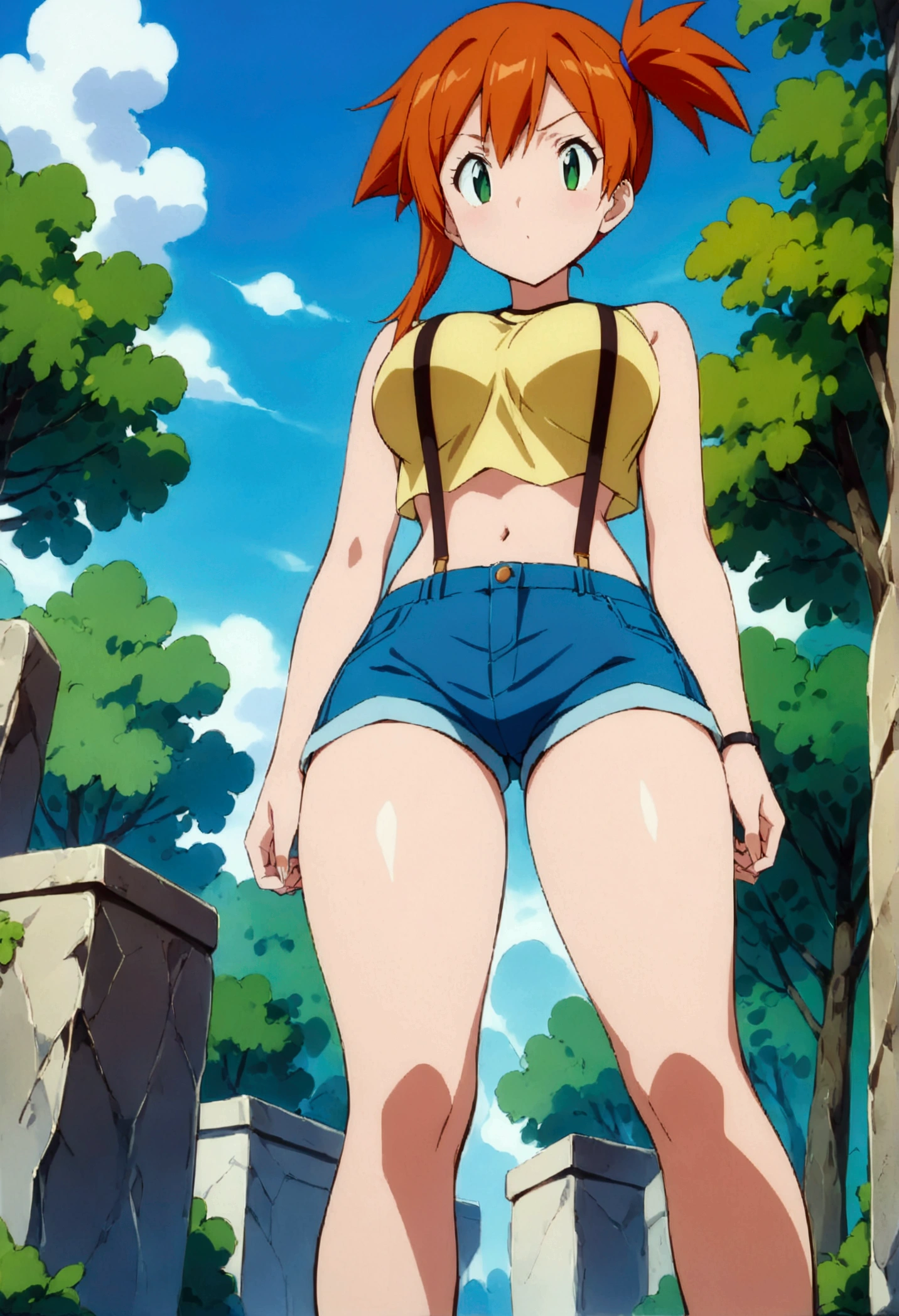 (score_9, score_8_up, score_7_up), (best quality, masterpiece),perfect anatomy,aesthetic,very aesthetic,official style, ultra-high resolution,source_anime.from below,below view,face focus ,,standing ,  (mature) ,1girl, Outdoor, Green Eyes, Orange Hair, , Yellow Shirt, Sleeveless shirt,stomach, Denim shorts, suspenders, ,   (slender), ,shirt_pull:1.2,(Composition)
