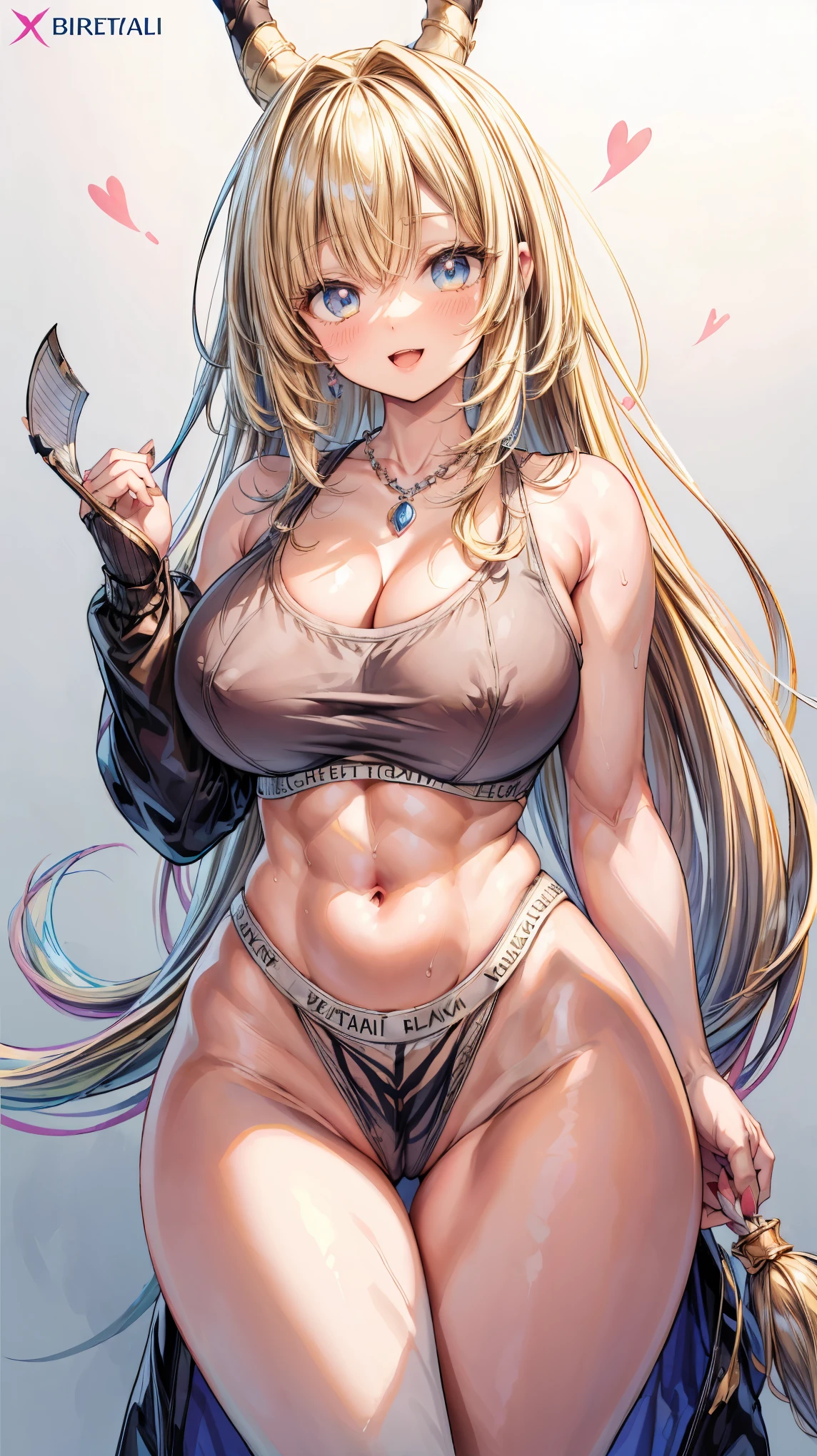 Very detailed、Highest quality、Best image quality、masterpiece、8k、 (Big Breasts:1.5、topless:2.0、necklace)、(shoulder-length blonde hair、Medium Long Hair)、(smile、Open Mouth) 、(Hilarious)、(Big eyes)、(Beautiful and shining eyes)、(Detailed anime eyes)、(Puffy eyes)、、((SFW Huge Body))、Cowboy Shot、(highleg panties:2.0)、horn