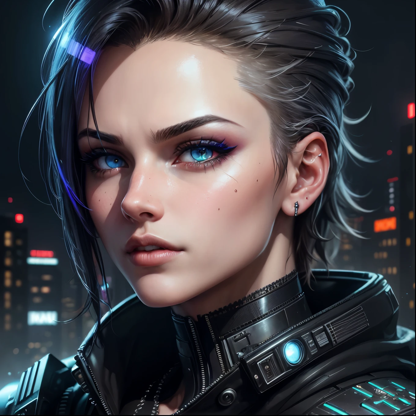 beautiful detailed eyes, beautiful detailed lips, extremely detailed eyes and face, longeyelashes, 1 boy, cyberpunk, handsome, realistic face, futuristic city background, neon lights, urban, skyscrapers, cinematic lighting, dramatic shadows, vibrant colors, moody atmosphere, high quality, 8k, photorealistic, masterpiece, cinematic, concept art