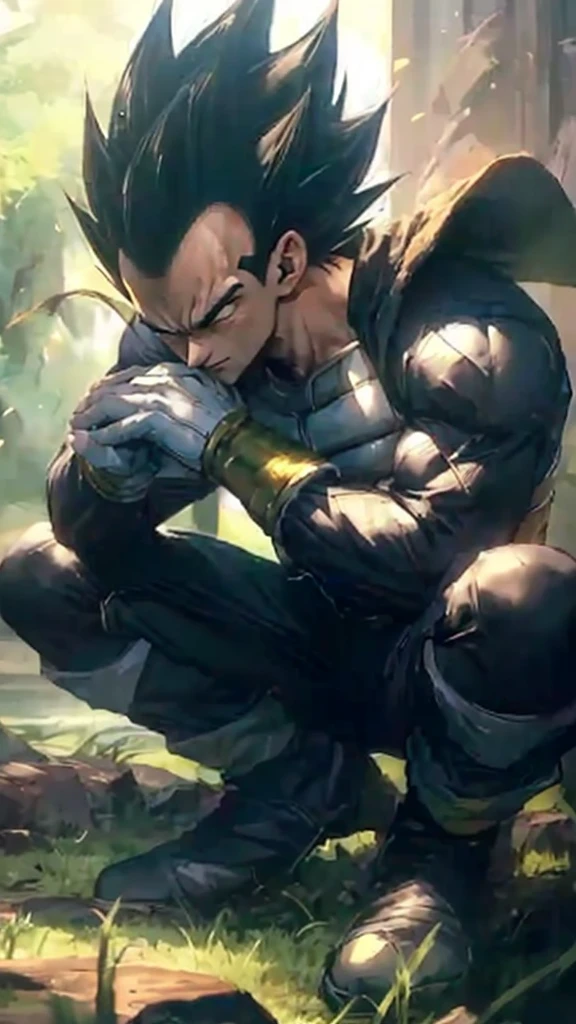 dragon ball fighter, prince vegeta, vegeta, with vegeta head hair, resting after a hard fight, badass pose, resting, thoughtful pose, most strongest pose, peaceful expression, by Akira Toriyama, fanart ”, highly detailed ”