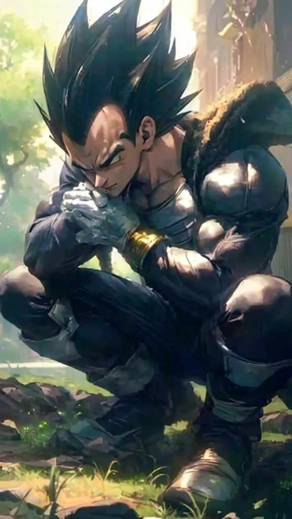 dragon ball fighter, prince vegeta, vegeta, with vegeta head hair, resting after a hard fight, badass pose, resting, thoughtful pose, most strongest pose, peaceful expression, by Akira Toriyama, fanart ”, highly detailed ”