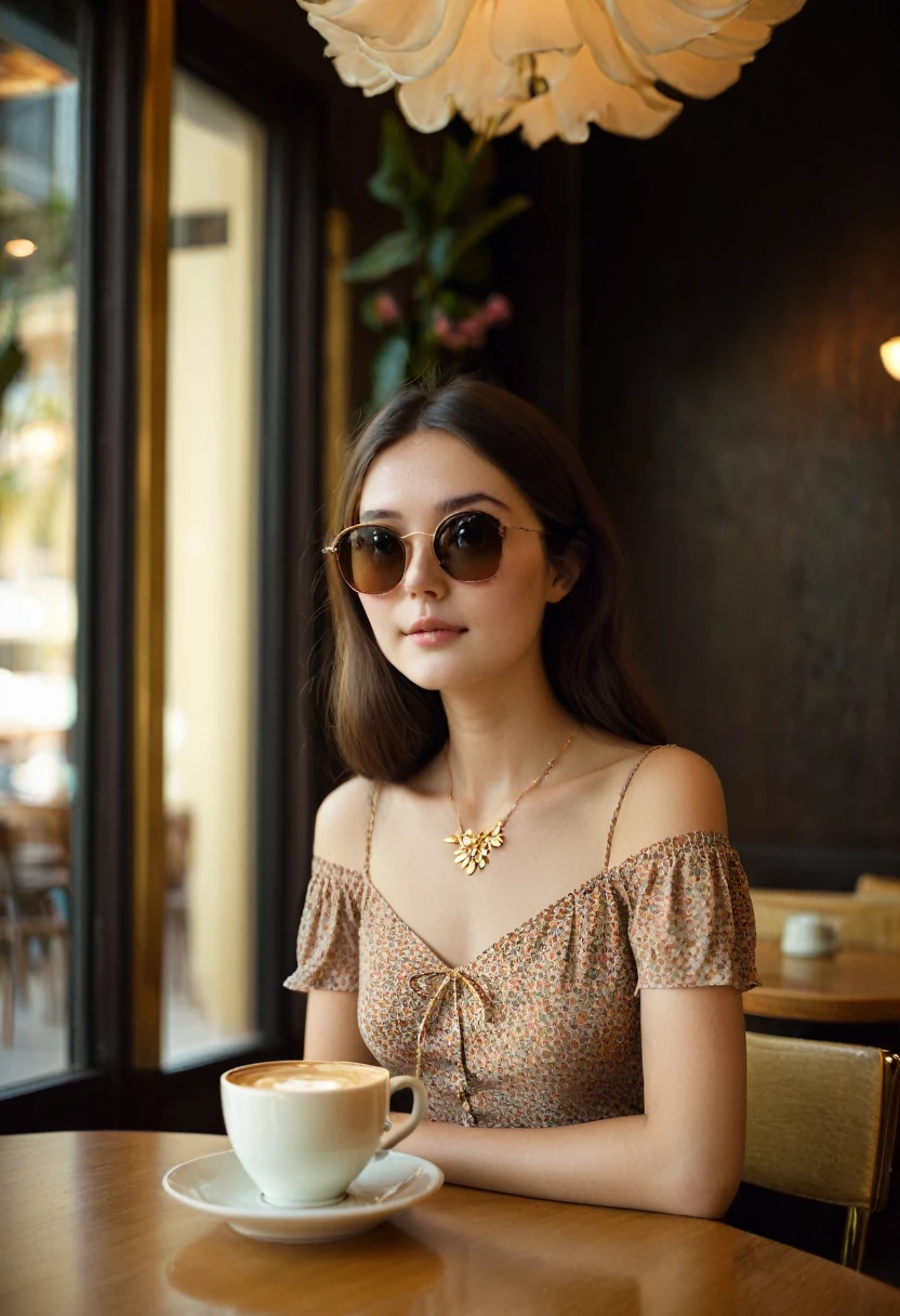 [[highly detailed face]], [[goddess face]], 70s, young woman, calm pose, college girl, floral mini dress and marry jane shoes, brown sunglasses, gold necklaces, full body image, long black hair, sitting inside a coffee shop at a table with a cup of coffee, high quality images, unreal engine, perfect skin texture, goddess face, photo depth of field, shadows, grainy, seductive analog lofi (by Oleg Oprisco Laura Makabresku), dark wall, dimly lit, cafe interior
