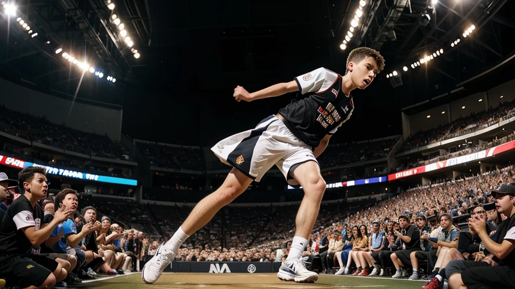 "A boy named Ben making a crucial shot in the final moments of the game, with the crowd cheering in the background." Realistic, vector