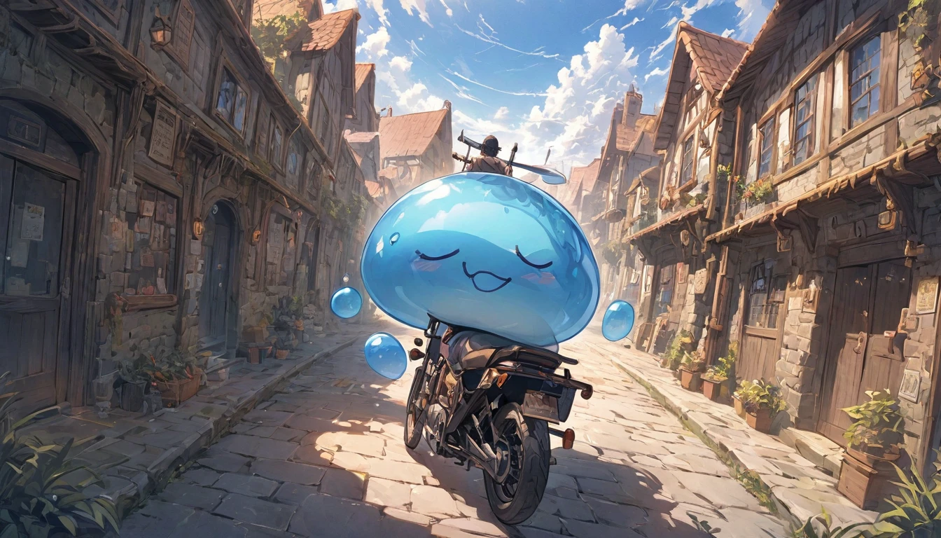 A small swordsman riding a blue slime, Dungeons、Clear blue sky、adventure、Fisheye Lens、SLR、Feel the depth、Fun Expressions、Gazing into the distance、From behind