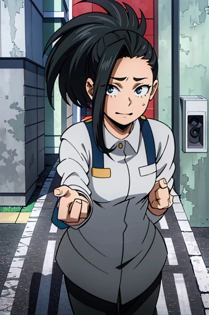 high image quality, she is a 20 year old teenager, she has slightly disheveled very black hair..., somewhat light blue eyes, on a busy avenue,( front stop) fit body , nice face , attractive, happy face, with normal warm clothing , my hero academy art style, boku no hero style
