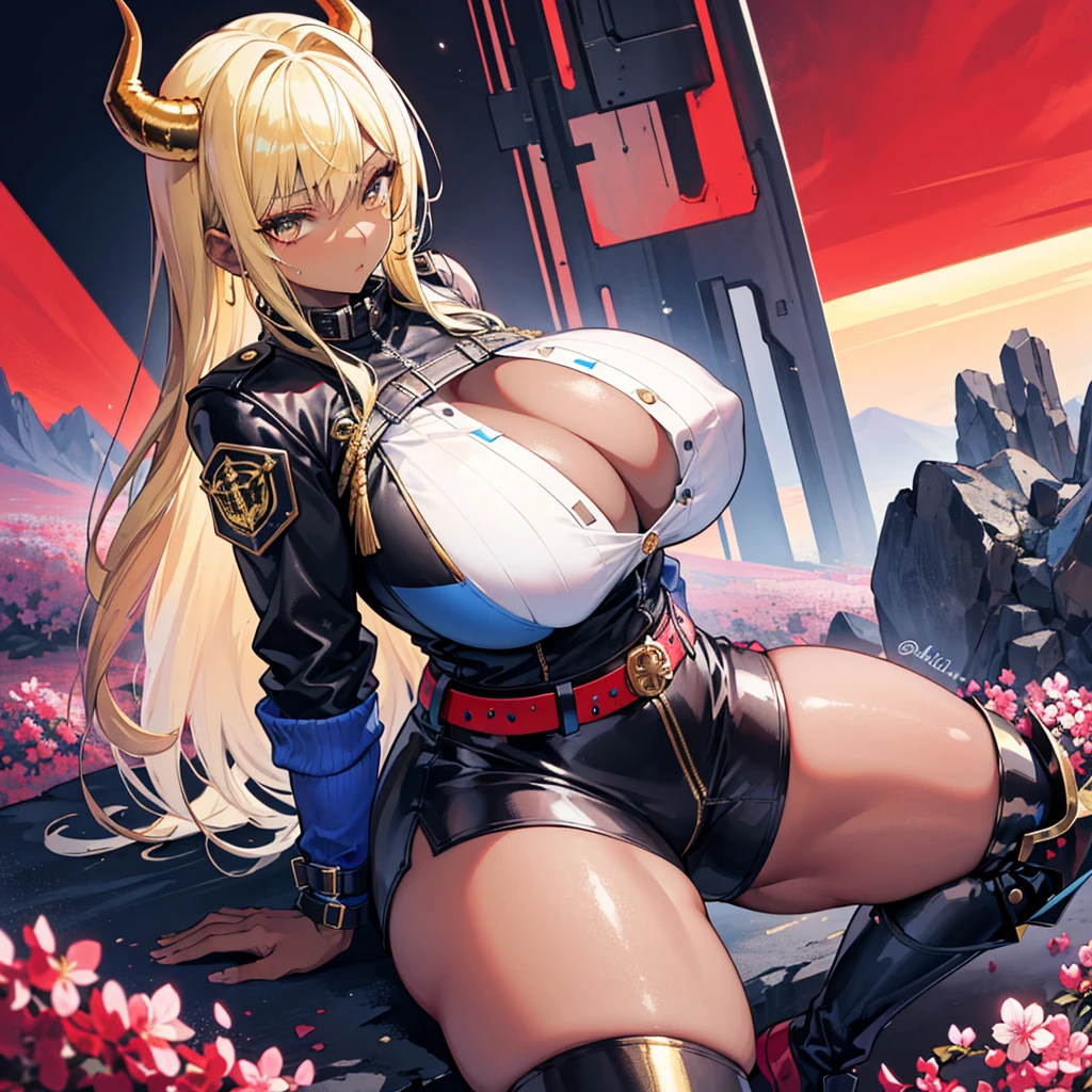 ((best quality)), ((masterpiece)), (detailed), 1girl, 8k_wallpaper, extremely detailed eyes, extremely detailed body, beautiful face, perfect face, detailed ((blonde hair)), (gold eyes), ((large big red and blue horns)), {{dark skin}}, ({dark skinned female}), gigantic breasts, thick thighs, strong arm and leg muscles, strong abdominal muscles, Monster women, Korean women, wearing a modern short black cloth jacket with rolled up sleeves, (wearing heavy gold colored steel cyberpunk armor), a wide red leather belt with blue steel yarn, steel boots, steel thigh guards, a military radio hangs on her belt, a biker girl, she rides on another planet along a lilac field against the backdrop of a blue desert and high red mountains,