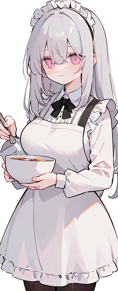 (((Long gray Beautiful Hair))),gray hair,kawai,(((Eyes visible from bangs,hair over eyes:1.3))),,Huge breasts,(pink color eyes),,(pink slanted eyes),1girl in,bangs,long gray hair, pantyhose,Cowboy Shot,white background,short hair,smiled,(wearing pink maid clothes), (maid dress type must have a perfect black vest), Bangs should be long to the tip of the chin(((, focusing on the bowl containing the dough and holding a spoon to stir it))), Kitchen room background, Perfect arm fingers,,, 1 girl, ((The image must match the tag)) Bangs almost cover the eyes full body (The character's entire body from top to bottom is completely visible)