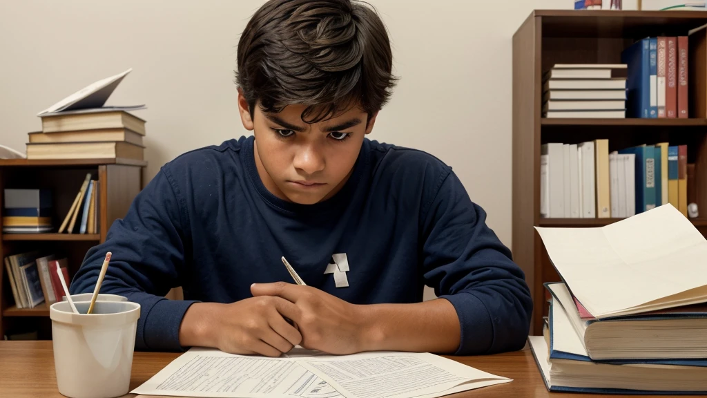 "Create a thumbnail image of a disappointed boy sitting at a study table, surrounded by scattered books and papers. Display his low exam score prominently on a piece of paper in front of him, capturing the frustration and determination to improve."and low marks write on the back of boy