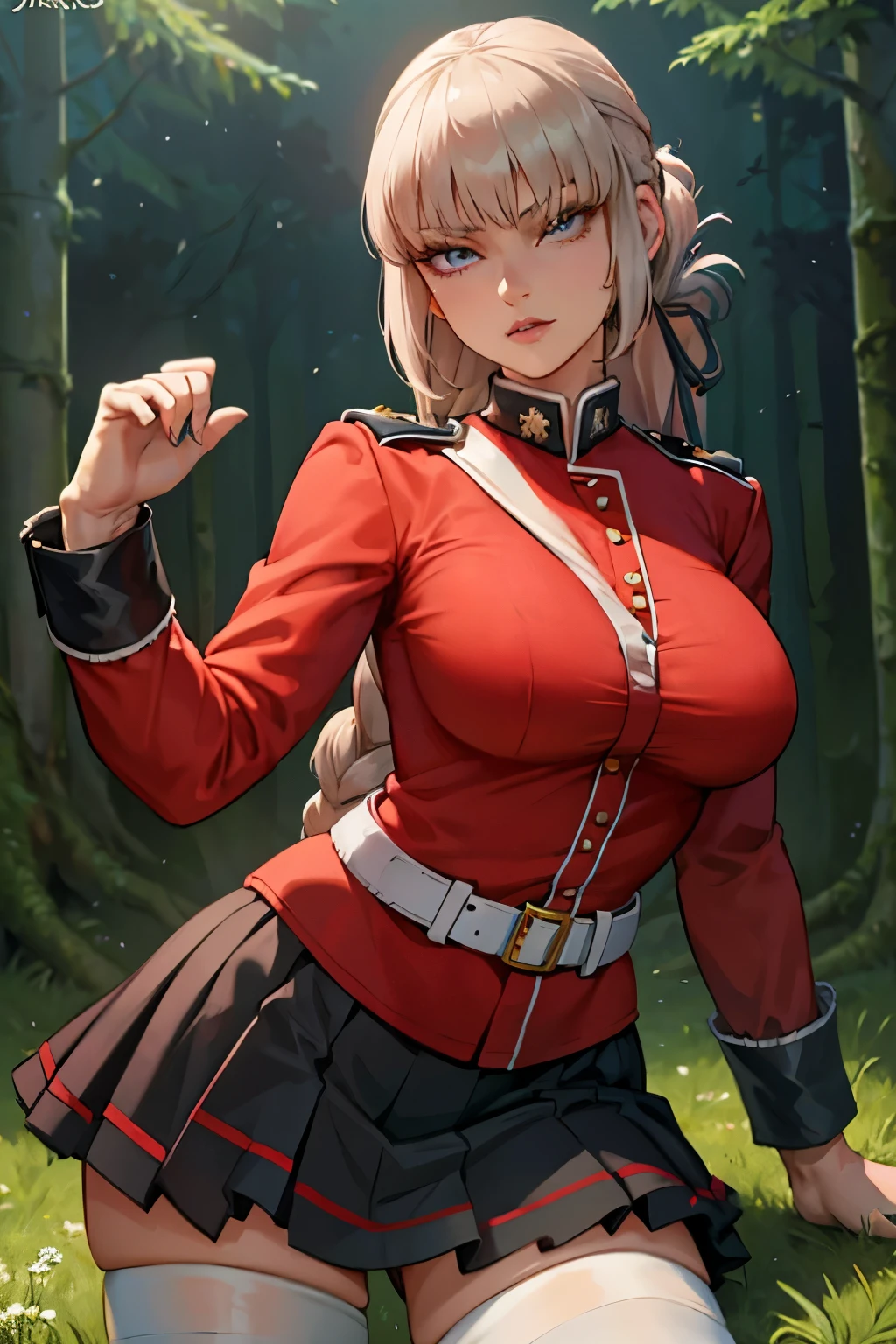 ((lisière de forêt)), gros seins, jambes grasses, ((perfect eyes)), (extremely fine and beautiful:1.1), (perfect details:1.1), (finely detailed eyes and detailed face:1.3), (sexy pose: 1.2), Florence Nightingale, braid, military uniform, red jacket, white gloves, belt, pleated skirt, black skirt, white pantyhose, cowboy shot, looking at viewer, arms at sides, straight-on,