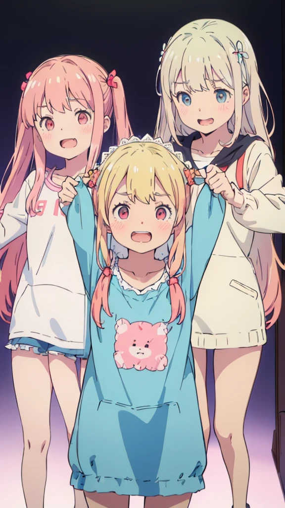 ((masterpiece))((Highest quality))girl、Laughing with your mouth open、blush、Flat Chest、Are thin、Blonde Hair、blush、Are standing、Whole body image、Eye level on face、、No background、Blue clothes、Hair is two colors、Twin tails、Red Eyes、Two-tone red and yellow hair、With open arms