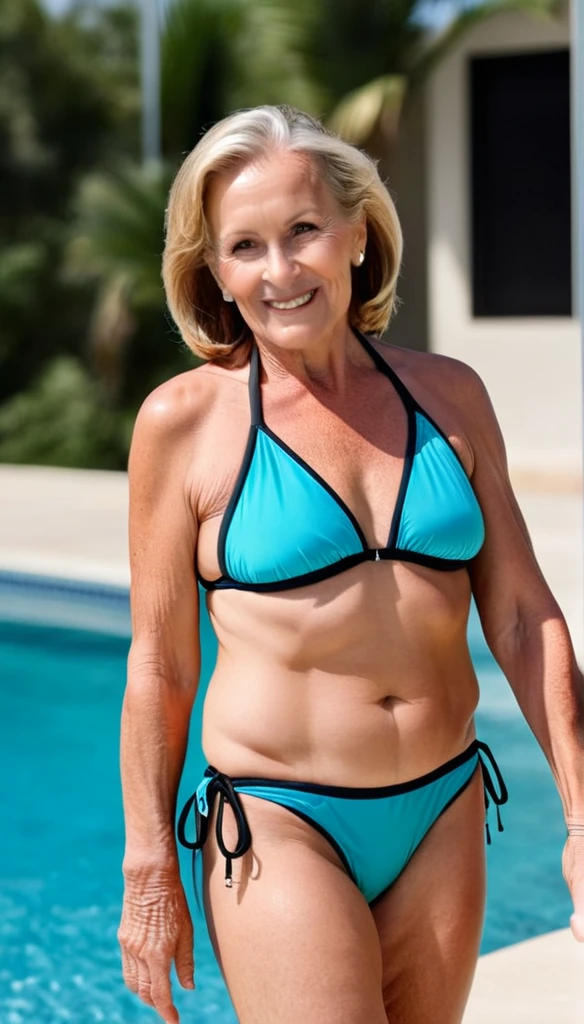 Ultra realistic photo all body of 2 women , chumby, aged 60 , with wrinkles, bikini, at the poolside.
