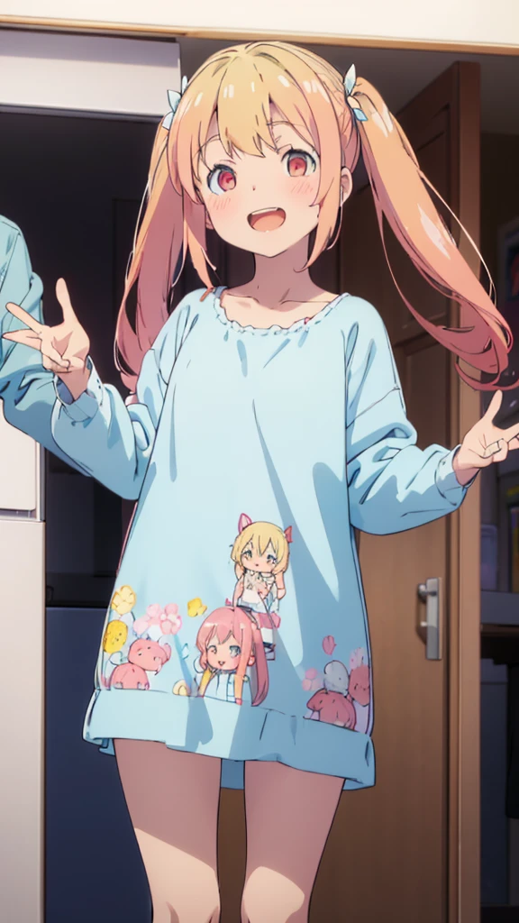 ((masterpiece))((Highest quality))girl、Laughing with your mouth open、blush、Flat Chest、Are thin、Blonde Hair、blush、Are standing、Whole body image、Eye level on face、、No background、Blue clothes、Hair is two colors、Twin tails、Red Eyes、Two-tone red and yellow hair、With open arms