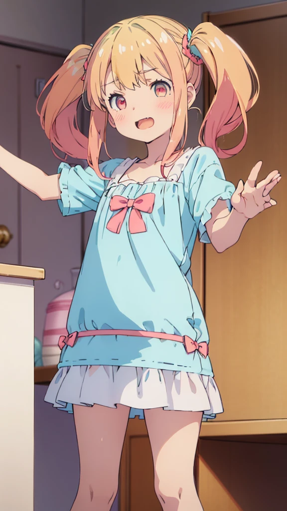 ((masterpiece))((Highest quality))girl、Laughing with your mouth open、blush、Flat Chest、Are thin、Blonde Hair、blush、Are standing、Whole body image、Eye level on face、、No background、Blue clothes、Hair is two colors、Twin tails、Red Eyes、Two-tone red and yellow hair、With open arms