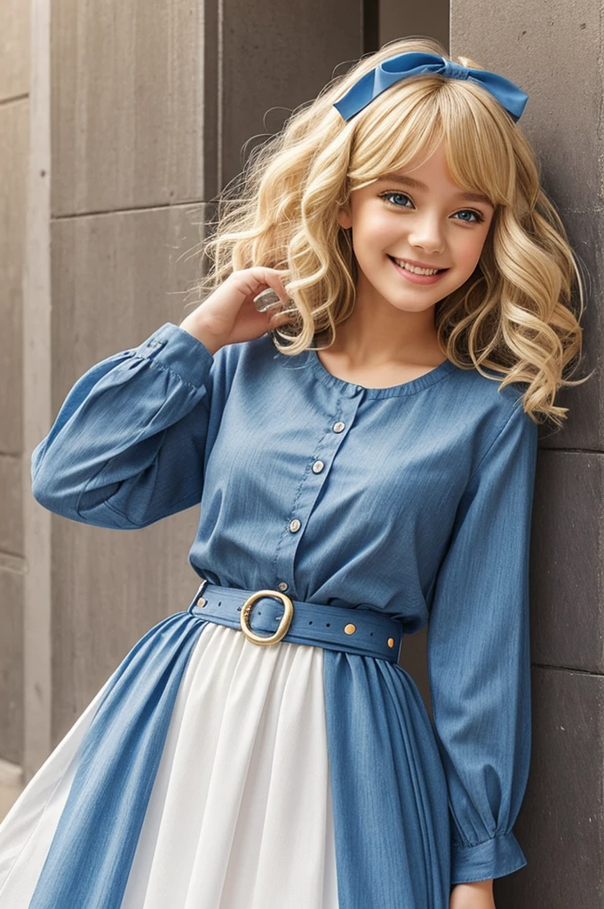 The image shows a drawing of a girl with curly blonde hair and blue bangs. She wears a long yellow dress with white bow details at the waist and at the bottom of the skirt.. The dress has long sleeves and a kind of belt at the waist.. The girl appears to be blushing and has a happy or excited expression. besides, He wears dark blue shoes. The illustration has an artistic style that highlights bright colors and soft lines.