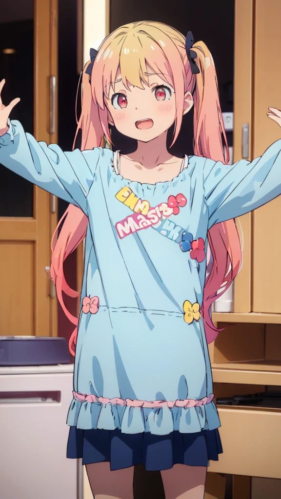 ((masterpiece))((Highest quality))girl、Laughing with your mouth open、blush、Flat Chest、Are thin、Blonde Hair、blush、Are standing、Whole body image、Eye level on face、、No background、Blue clothes、Hair is two colors、Twin tails、Red Eyes、Two-tone red and yellow hair、With open arms