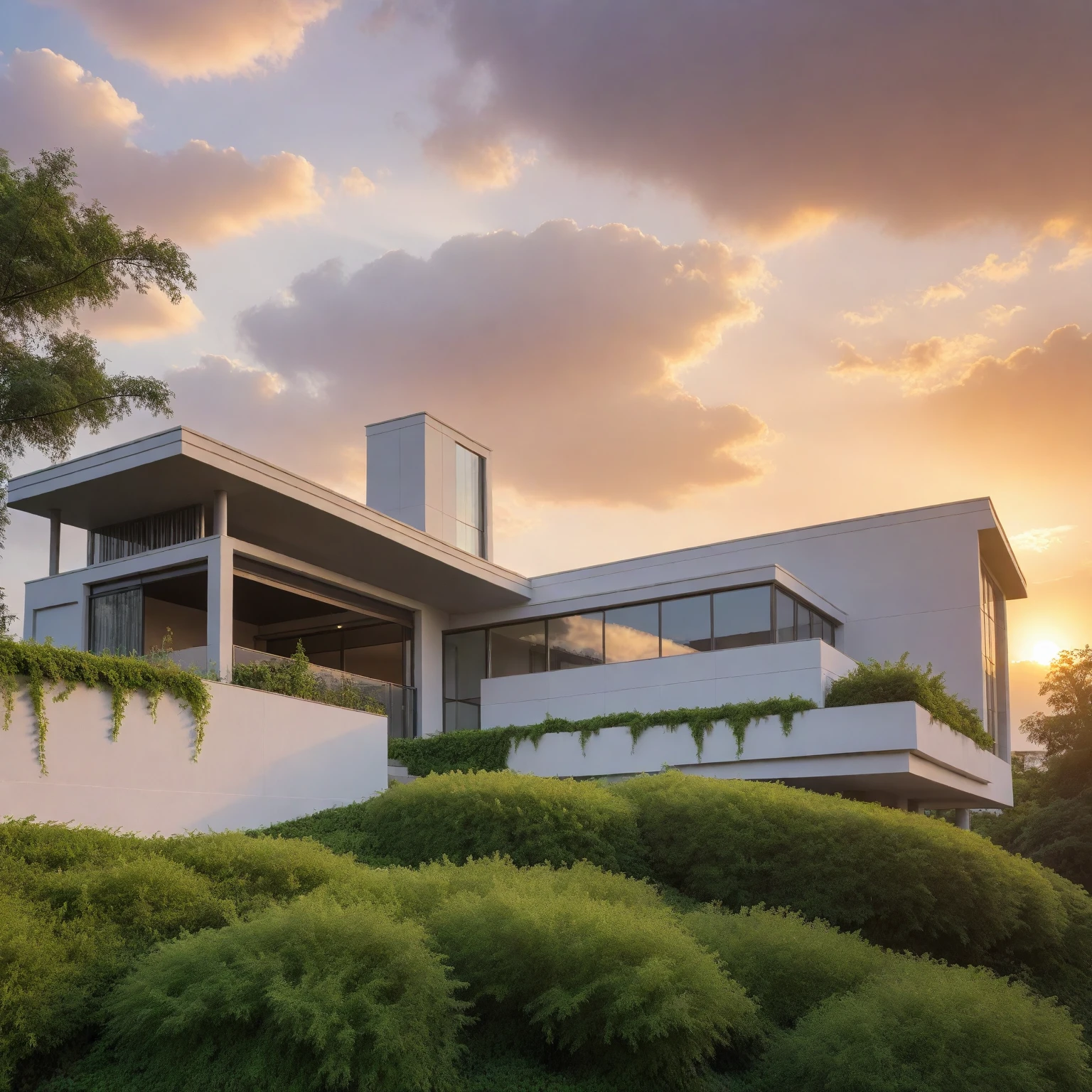 architecture, (HILL) resort, vine, trees, cloud, sunset, vivid colours, sky, masterpiece,best quality,super detailed,realistic,photorealistic, 8k, sharp focus, a photo of a building day light, sun, cloud, RAW Photo, RAW texture, Super Realistic, 32K UHD, DSLR, soft lighting, high quality, film rating, Fujifilm XT3