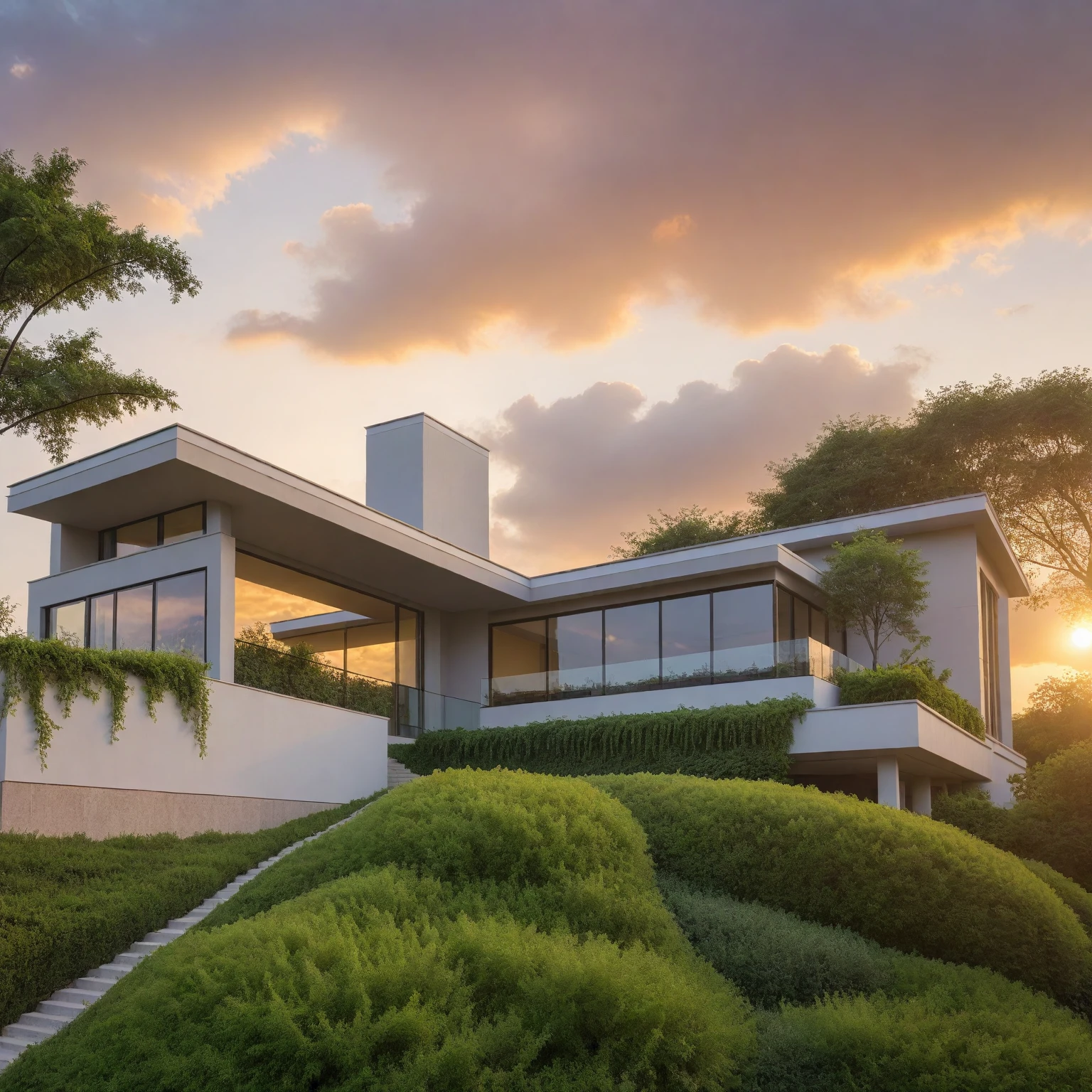 architecture, (HILL) resort, vine, trees, cloud, sunset, vivid colours, sky, masterpiece,best quality,super detailed,realistic,photorealistic, 8k, sharp focus, a photo of a building day light, sun, cloud, RAW Photo, RAW texture, Super Realistic, 32K UHD, DSLR, soft lighting, high quality, film rating, Fujifilm XT3