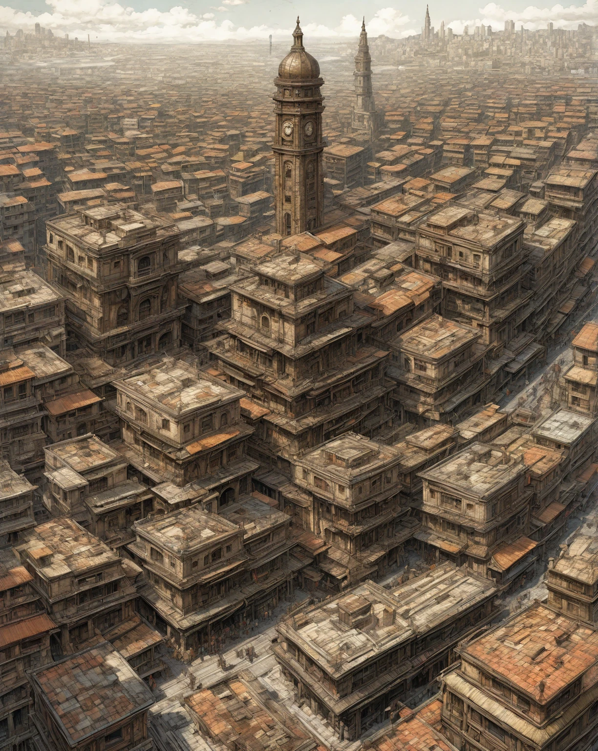 there is a drawing of a city with a clock tower, insanely highly detailed artwork, realistic painting of a complex, complex layered composition!!, expansive detailed layered city, realistic intricate concept art, big and structured valhalla city, multi layered huge architectures, insanely detailed art, atelier olschinsky, intricate cyberpunk city, intricate matte painting, intricate concept art