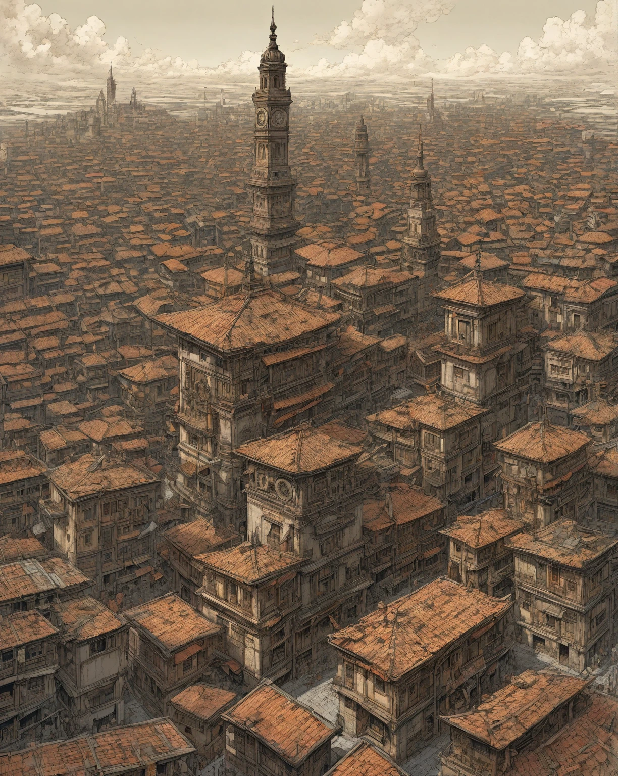 there is a drawing of a city with a clock tower, insanely highly detailed artwork, realistic painting of a complex, complex layered composition!!, expansive detailed layered city, realistic intricate concept art, big and structured valhalla city, multi layered huge architectures, insanely detailed art, atelier olschinsky, intricate cyberpunk city, intricate matte painting, intricate concept art