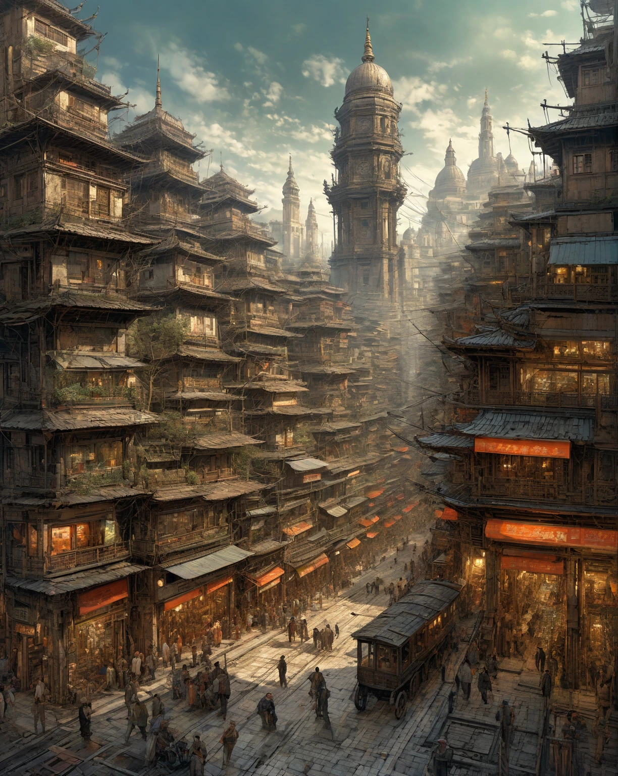 there is a drawing of a city with a clock tower, insanely highly detailed artwork, realistic painting of a complex, complex layered composition!!, expansive detailed layered city, realistic intricate concept art, big and structured valhalla city, multi layered huge architectures, insanely detailed art, atelier olschinsky, intricate cyberpunk city, intricate matte painting, intricate concept art