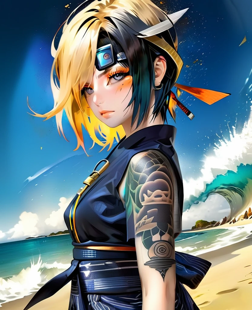 em uma praia com grande luar elementos sombrios style, modern Sasuke + Android 18 gold DBZ blue black gold lux dark seda short jaketa fire tattoo, expressive pose, urbanpunk, multi-layered perfect texture background, neo-expressionist, Russ Mills, Ian Miller, Harrison Fisher, Brian Froud, Jeremy Mann, Steadman , Hanuka, Klimt, Bell, Hobbie, Newton, greg rutkowski, atmospheric, hyperdetail, artstation trend, artgerm, deviant art, octane, masterpiece, complex art, intricat