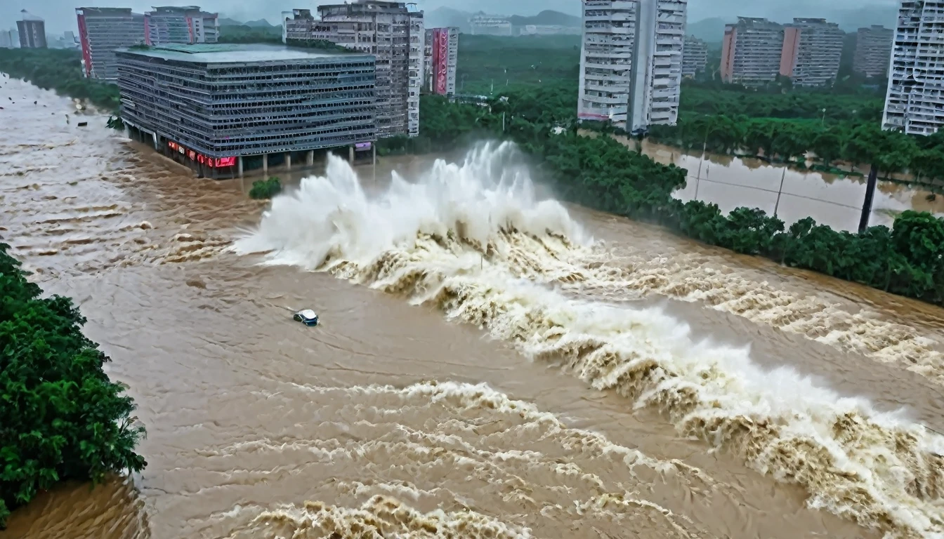 whoa, Dramatic image depicts a flood scenario in China. The flood from a dam with furious waves washes away a building with people inside. Lots of rain and stormy skies make the scenario threatening and critical. The scenario is one of chaos.