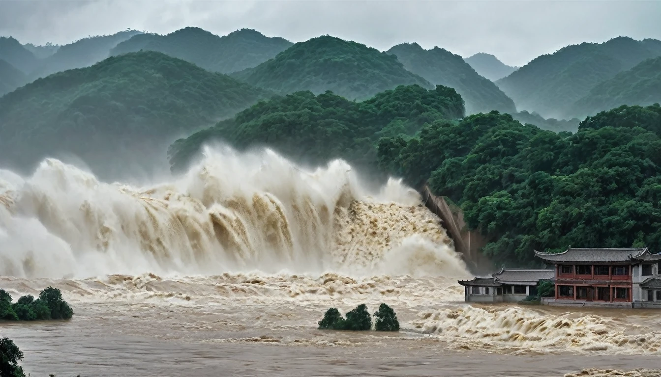 whoa, Dramatic image depicts a flood scenario in China. The flood from a dam with furious waves washes away a building with people inside. Lots of rain and stormy skies make the scenario threatening and critical. The scenario is one of chaos.