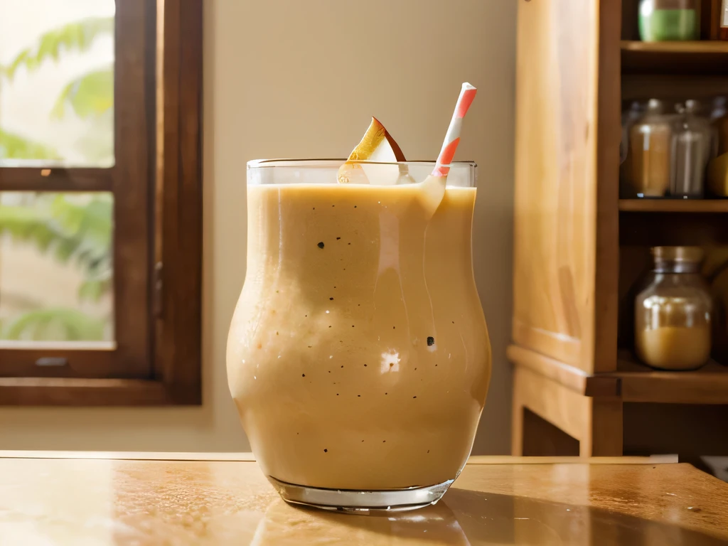 Create a photo of a pear smoothie ,ginger , soy milk that the decoration is the ingredients and is in a shop glass