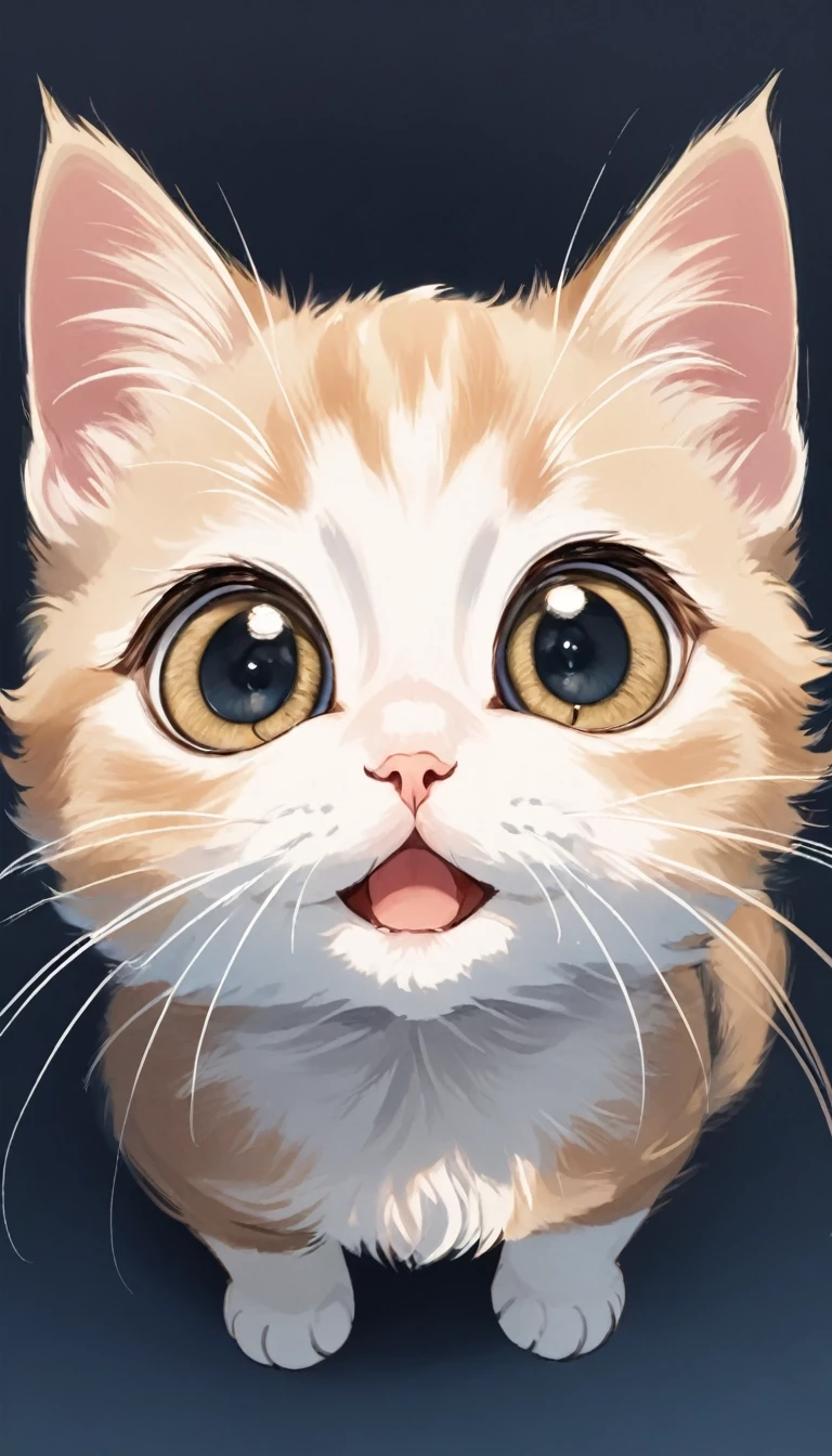 A big-eyed kitten is looking at me with its eyes looking up