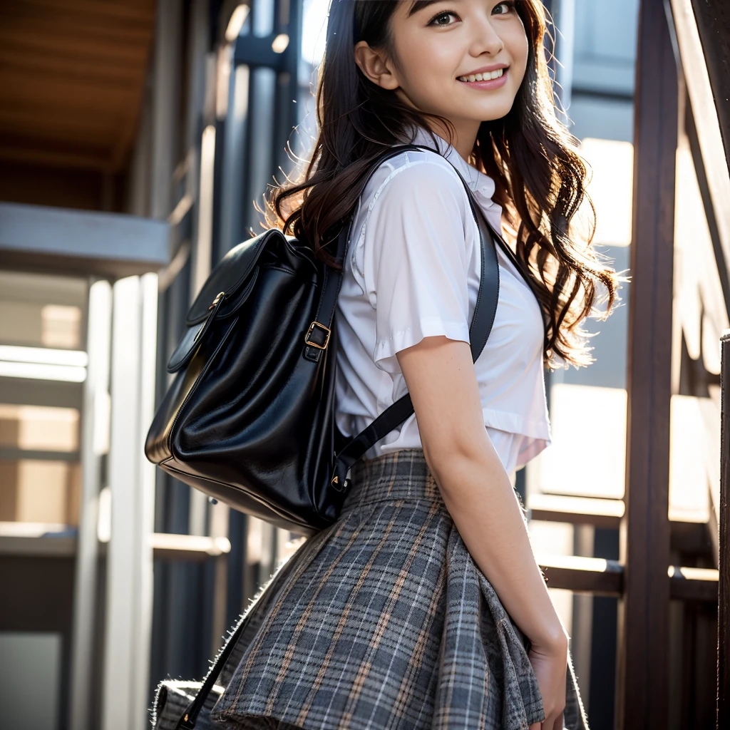 High school girl standing on the school stairs,Short sleeve white shirt,Very short red plaid miniskirt:1.2,18-year-old,bangs,A small smile,Thighs,knees,From below,Random Pause,pretty girl,Slender girl,White panties,Short-cut blonde,short side wave,Carrying a black backpack、The buttocks are often exposed、Her butt is half exposed、