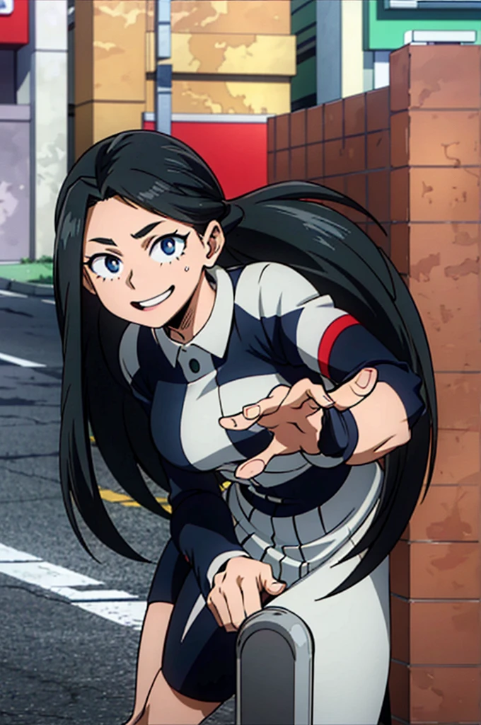high image quality, she is a 20 year old teenager, she has slightly disheveled very black hair..., somewhat light blue eyes, on a busy avenue,( front stop) fit body , nice face , attractive, happy face, with normal warm clothing , my hero academy art style, boku no hero style