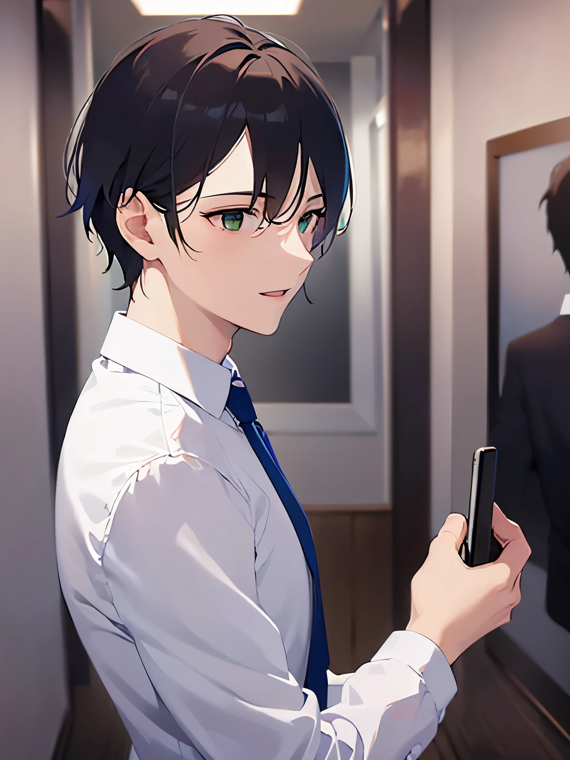 side angle, (looking away:1.5), upper body、masterpiece、Highest quality、(25-year-old male:1.5) and (Brown short hair) and (Green Eyes), (suit:1.5) and (Blue tie)、smile, open mouth, The background is the conference room、(Alone:1.5)、Upper body is shown、Are standing
