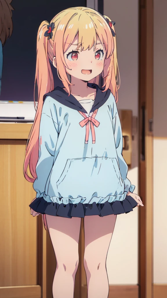 ((masterpiece))((Highest quality))girl、Laughing with your mouth open、blush、Flat Chest、Are thin、Blonde Hair、blush、Are standing、Whole body image、Eye level on face、、No background、Blue clothes、Hair is two colors、Twin tails、Red Eyes、Two-tone red and yellow hair、With open arms